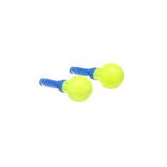 3M E-A-Rsoft uncorded earplugs in yellow and blue, designed for hearing protection, shown in a close-up image.