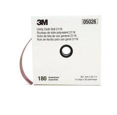 3M utility cloth roll with 1.5-inch width, 50 yards length, 180 grit aluminum oxide abrasive for sanding and polishing tasks.