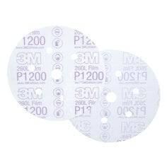 3M 6-inch vacuum multihole finishing velcro film disc with 1200 grit aluminum oxide for polishing and surface finishing.