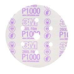 3M 6-inch Velcro finishing disc with vacuum hole, 1000 grit aluminum oxide for smooth surface polishing.