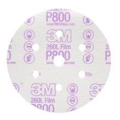 3M 6-inch vacuum multihole finishing Velcro film disc with 800 grit aluminum oxide for sanding and surface finishing.