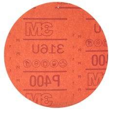 3M 6-inch red abrasive Velcro paper disc with 400 grit aluminum oxide for surface finishing and sanding.