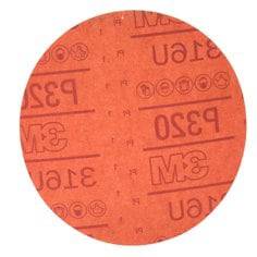 3M 6-inch red abrasive aluminum oxide Velcro paper disc with 320 grit for sanding and polishing applications.