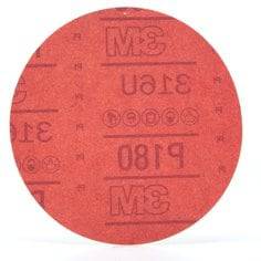 3M 6-inch red abrasive Velcro paper disc with 180 grit aluminum oxide for sanding and grinding applications.