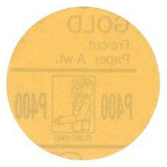 3M 00913 3-inch non-vacuum Velcro paper disc with gold aluminum oxide 400 grit for sanding and grinding applications.