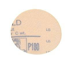 3M 00917 3-inch non-vacuum gold aluminum oxide Velcro paper disc with 180 grit for sanding and grinding applications.