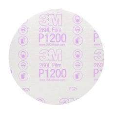3M Velcro Film Disc 260L Aluminum Oxide 1500 Grit for sanding, 6-inch non-vacuum abrasive disc with Velcro backing.