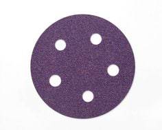 3M Cubitron Velcro disc with 5-inch diameter, ceramic alumina 220+ grit, vacuum hole pattern, designed for sanding and grinding.
