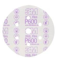 3M 6-inch vacuum multihole finishing Velcro film disc with 600 grit aluminum oxide, ideal for surface finishing and polishing.