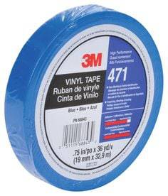 3M Vinyl Tape 471 in blue, 1/2 inch wide and 36 yards long, individually wrapped, shown in the image.