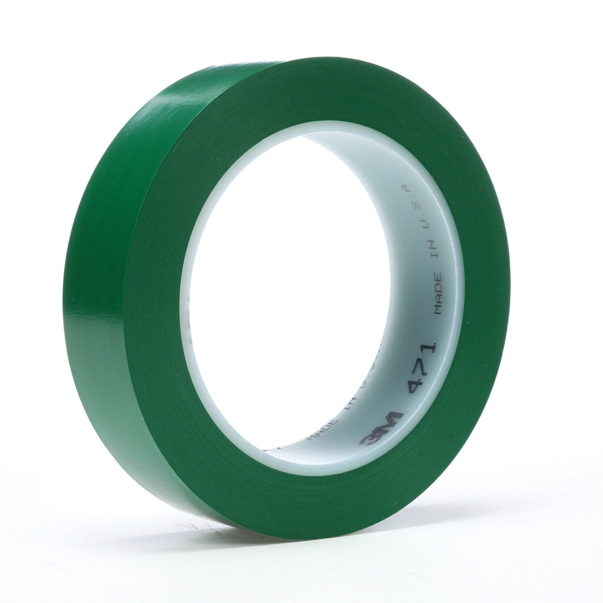 Green 3M Vinyl Tape 471, 1/2 inch wide and 36 yards long, shown rolled with a smooth surface and flexible backing.