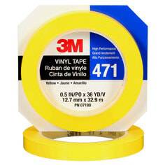 3M Vinyl Tape 471 yellow, 1/2 inch by 36 yards, individually wrapped, used for electrical and color-coding applications.