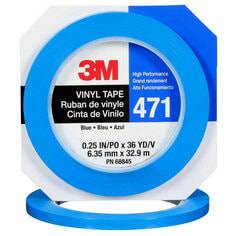 3M Vinyl Tape 471 in blue, 1/4 inch wide and 36 yards long, shown individually wrapped with blue tape on the roll.