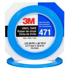 3M Vinyl Tape 471 blue, 1/8 inch wide and 36 yards long, shown rolled with blue color and brand label visible.