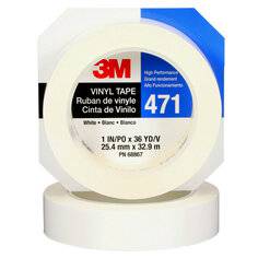 3M Vinyl Tape 471 in white, 1 inch by 36 yards, individually wrapped, shown in a close-up image.