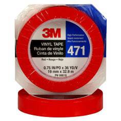 3M Vinyl Tape 471 in red, 3/4 inch wide and 36 yards long, individually wrapped, shown on a flat surface.