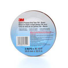 3M General Purpose Vinyl Tape 764 in brown, 2-inch wide, 36 yards long, with 5 mil thickness, shown rolled on a surface.