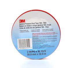 3M 764-2X36-RED red general-purpose vinyl tape, 2-inch wide, 36 yards long, 5 mil thickness, shown rolled on a surface.