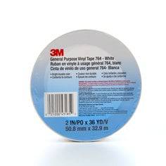 3M 764-2X36-WHT white general purpose vinyl tape, 2-inch by 36 yards, 5 mil thickness, shown rolled on a white background.