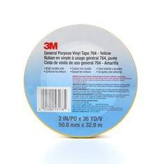 3M General Purpose Vinyl Tape 764 in yellow, 2-inch wide, 36 yards long, 5 mil thickness, shown rolled with yellow color