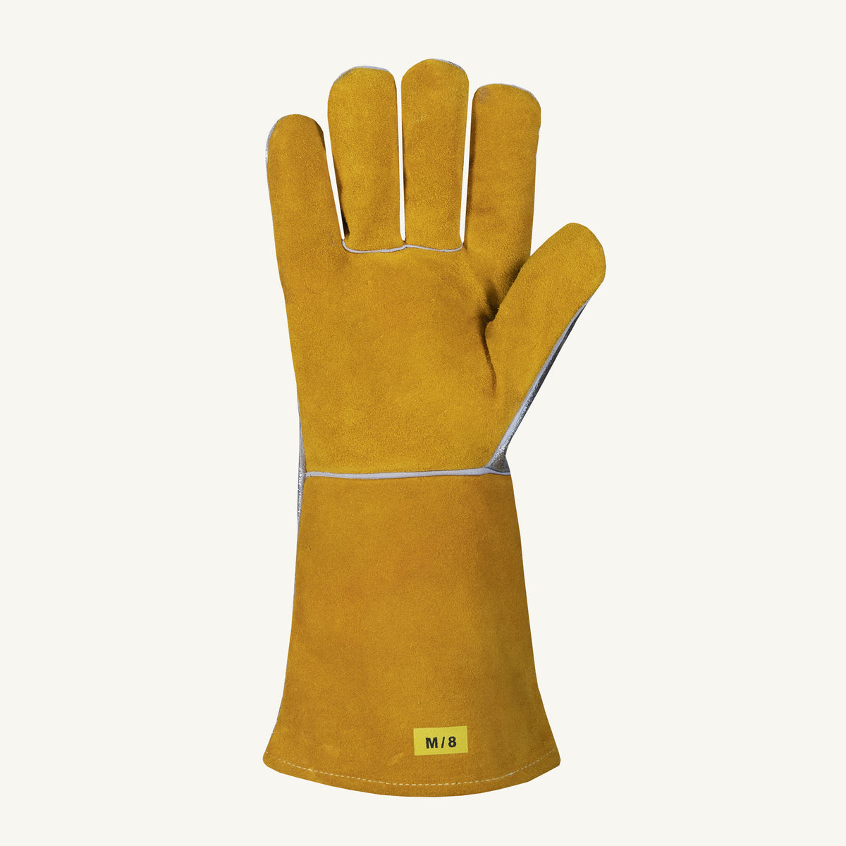 Superior Glove 505ALBXXL aluminized molten metal heat-resistant split leather glove with aluminized back, palm view showing durable construction.