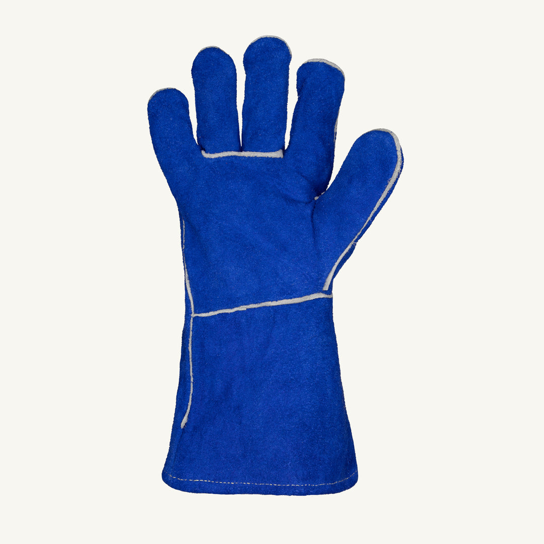 Close-up of the palm of a Superior Glove 505BU Endura Blue split welders glove with fully lined Kevlar sewing.