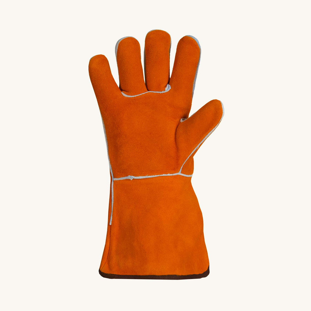 Close-up of Superior Glove 505MARS Endura Deluxe Extra Hi-Heat welders glove with 4mm foam-lined Kevlar palm for heat protection.