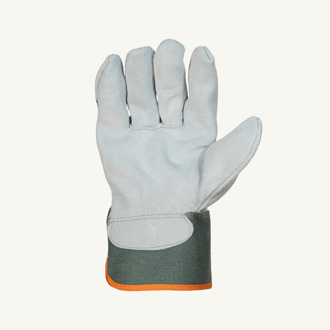Superior Glove 66BR Endura split leather fitters glove with rubberized safety cuff, showing the durable palm and construction details.