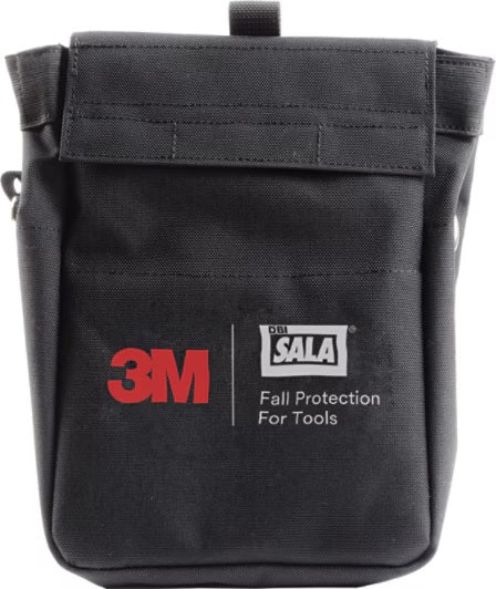 3M DBI-SALA black tool pouch with D-ring, 8.75x5x13 inches, durable nylon construction for tool storage and safety.