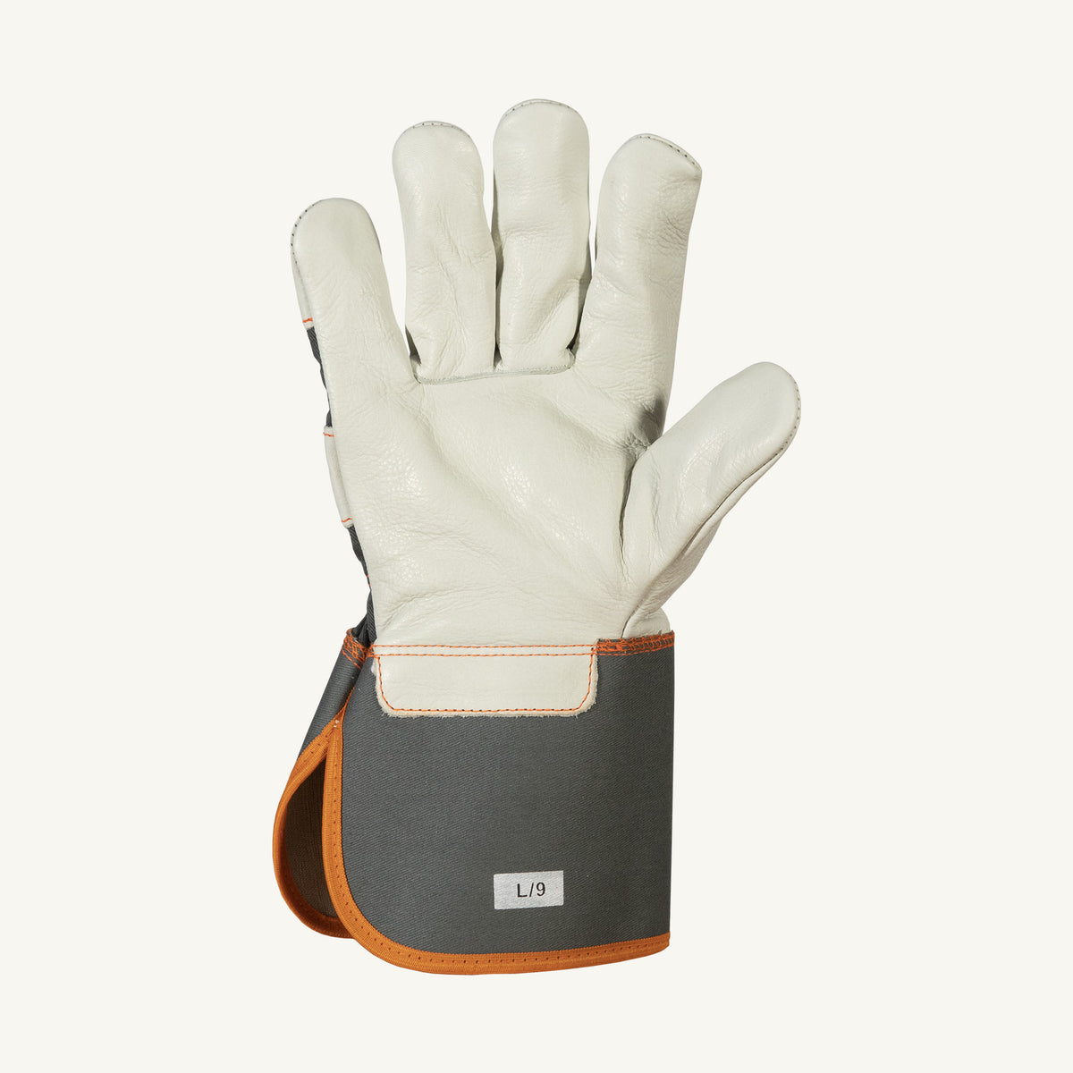 Superior Glove 76GR Endura Grain Cowhide Fitters Rubberized Gauntlet Cuff showing a close-up of the palm and durable leather texture.