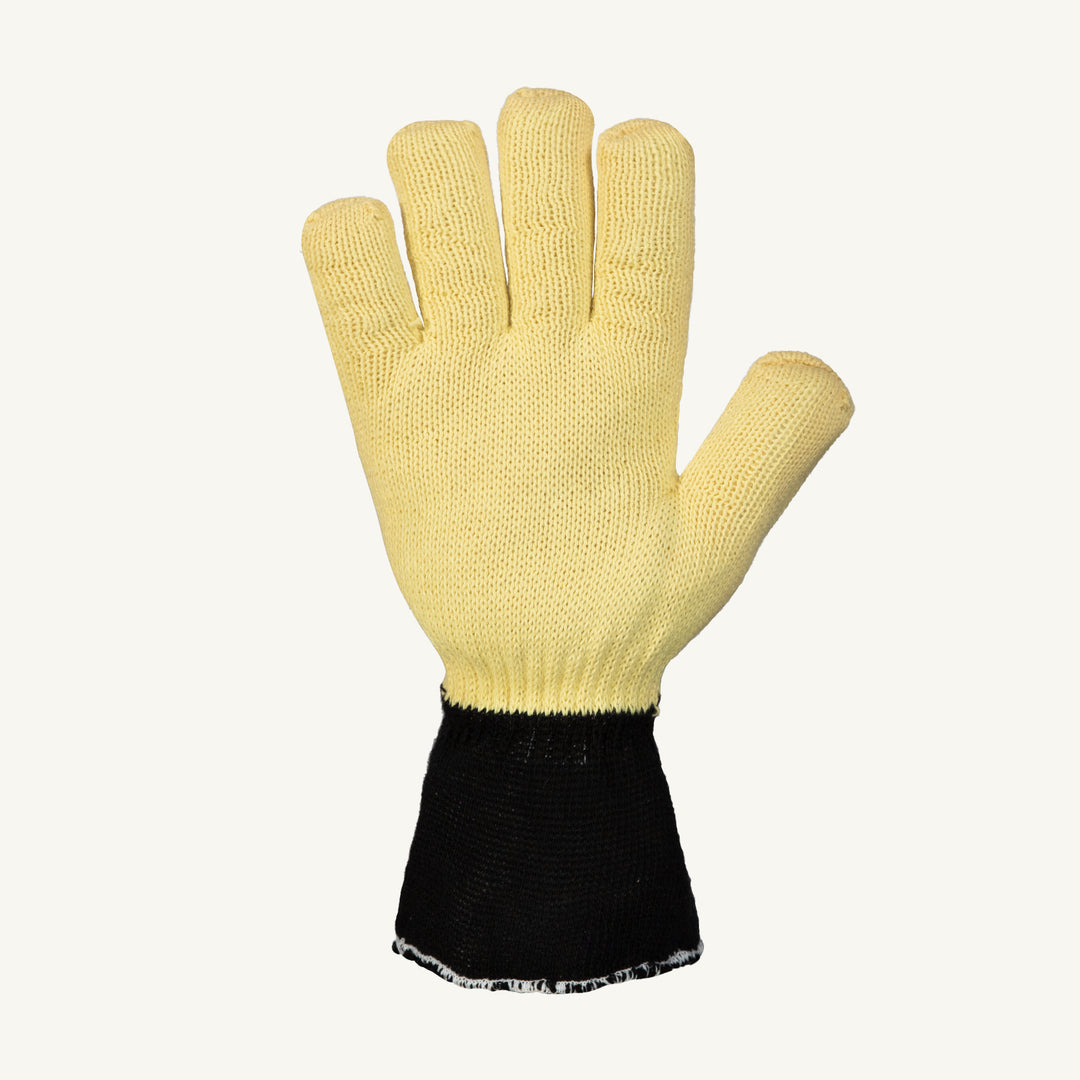 Close-up of the palm side of Superior Glove Coolgrip CGKHS13/S Kevlar hot mill glove with aluminized liner for heat protection.