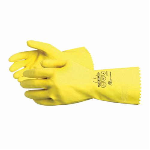 Reusable latex gloves by Superior Glove with flock lining, pinked cuffs, 12-inch length, size 9, ideal for chemical protection.