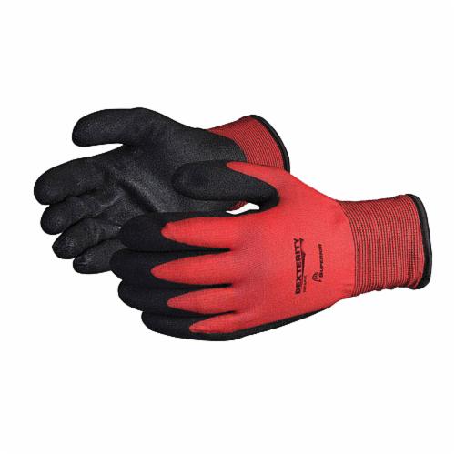Red nylon reusable gloves by Superior Glove with black fleece liner and PVC-coated palms, size X-Large, designed for dexterity.