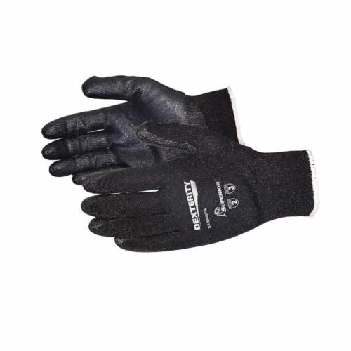 Black Superior Glove Dexterity S13NGFN-9 reusable blended fiber gloves with foam nitrile palms, size 9, showing close-up of textured palms.