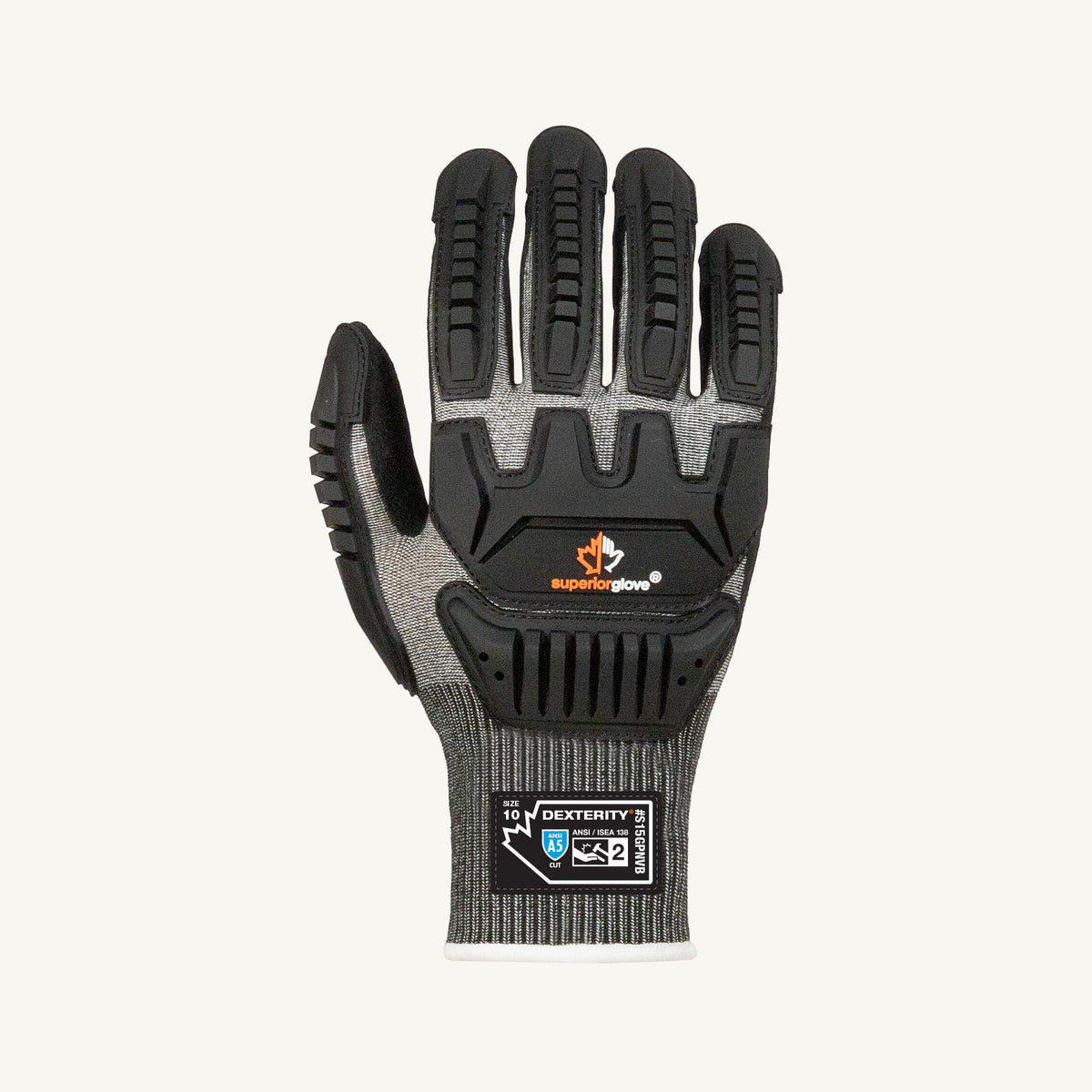 Superior Glove Dexterity S15GPNVB-12 reusable 15-gauge cotton gloves with nitrile palms and impact-resistant taper back, size 12.