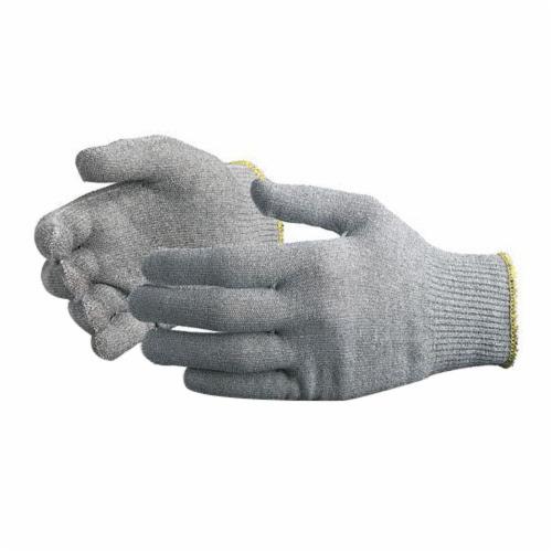 Superior Glove Sure Grip string grey work glove with cotton and Lycra, PVC dotted palm, designed for durability and dexterity.