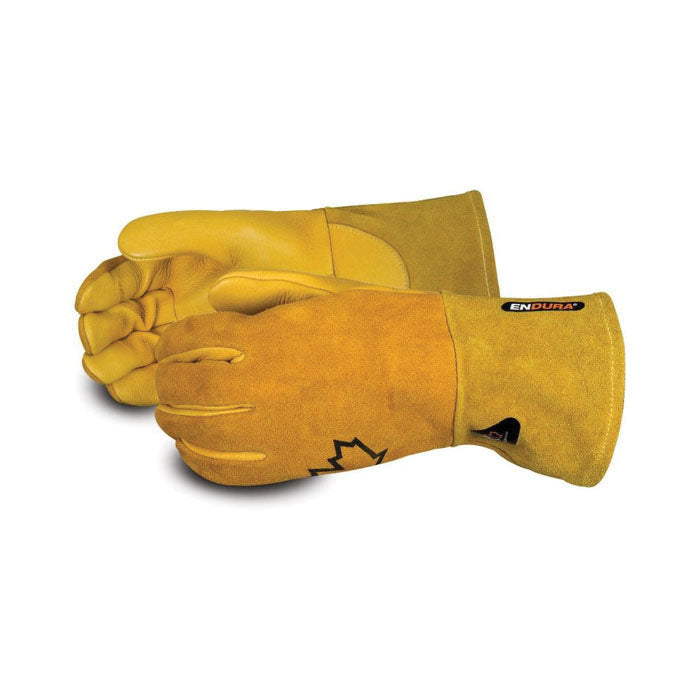 Premium gold elk-skin TIG welding gloves by Superior Glove, large size with split cuff, designed for durable, reusable welding protection.