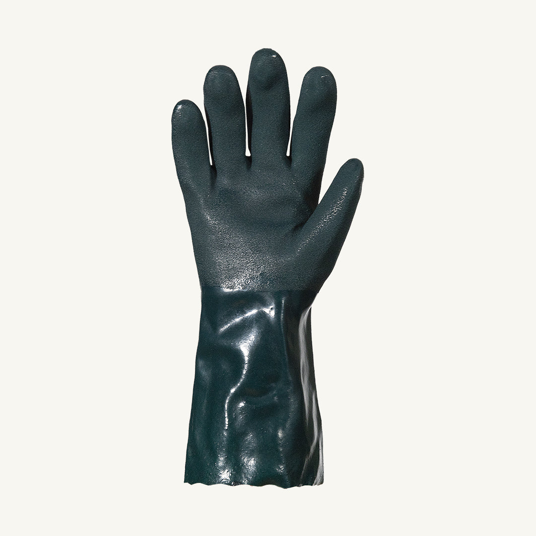 Superior Glove F236 Chemstop green double dipped PVC glove with fleece lining and 14-inch length, displaying the palm side.