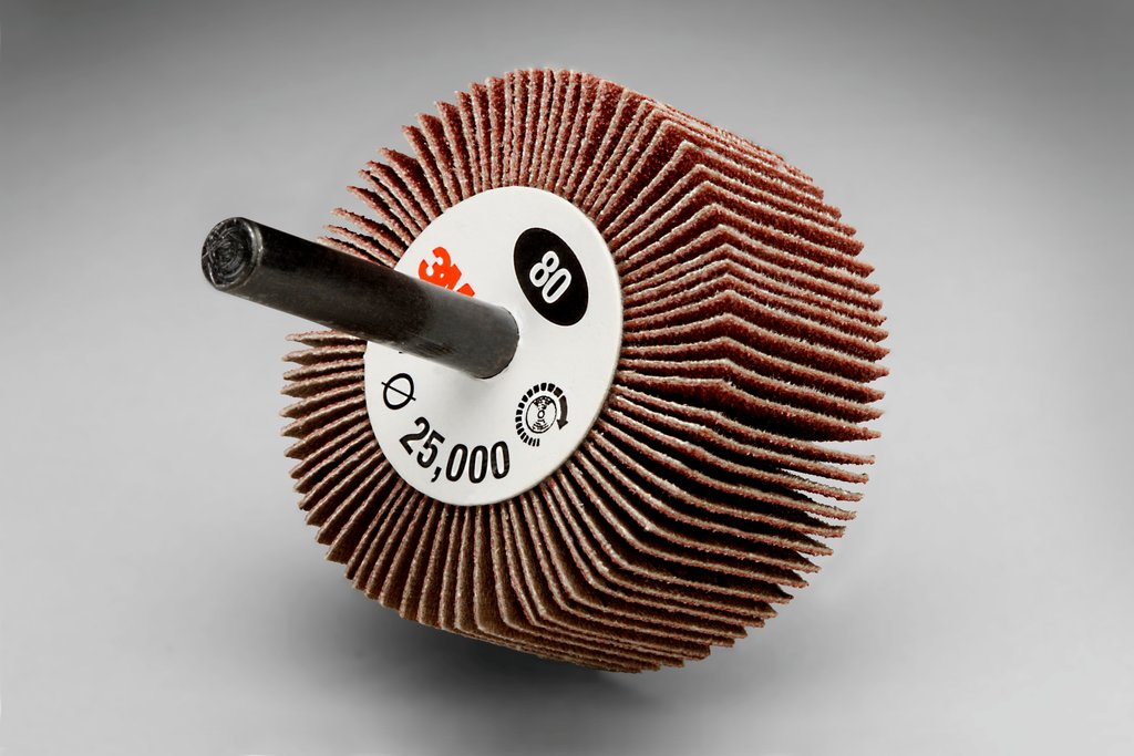 3M 2x1 inch aluminum oxide shank mounted flap wheel with 60 grit for grinding and finishing on metal surfaces.