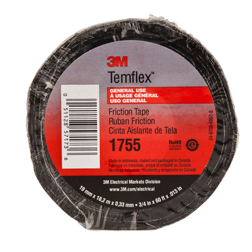 3M Temflex 1755-1-1/2X82-1/2 - Cotton Friction Tape 1755 Black (0.5 Inch x 82.5 ft) 7100009255