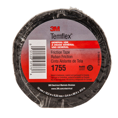 3M Temflex 1755-1-1/2X82-1/2 - Cotton Friction Tape 1755 Black (0.5 Inch x 82.5 ft) 7100009255 - eGrimesDirect