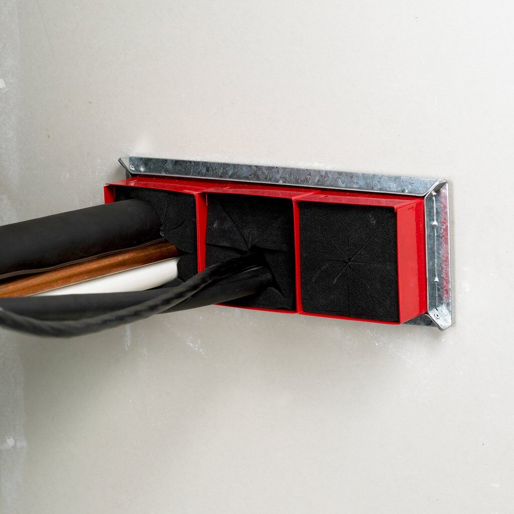 Pair of 3M Fire Barrier Pass-Through Triple Mounting Brackets, 4-inch square, designed for fire barrier installations.