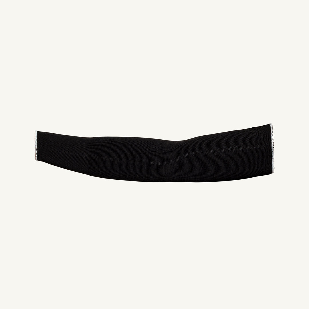 Black Superior Glove KP1T10/M cut-resistant sleeve with tapered knit design and 10-inch length, ANSI A2 cut protection, palm view