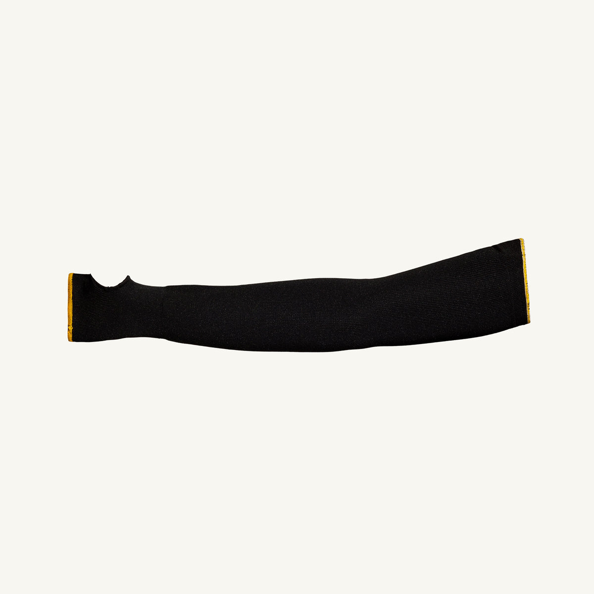 Black Superior Glove Cutban KPG1T18TH-M tapered knit sleeve with thumbhole, 18-inch length, ANSI A3 cut protection, palm view