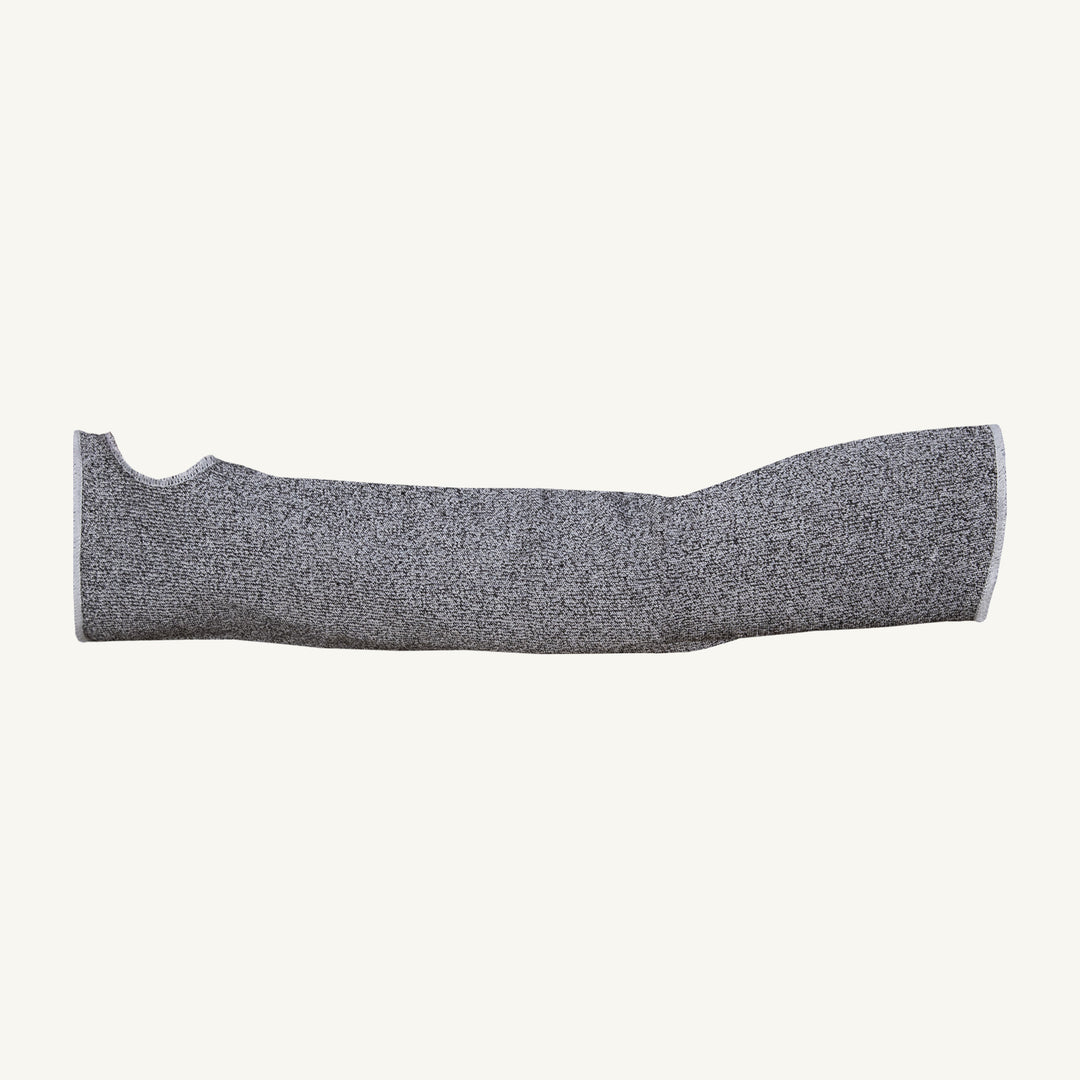 Superior Glove KTAG18TH sleeve in grey blended tenactiv tubular knit with thumbhole, ANSI A5 cut protection, palm view.