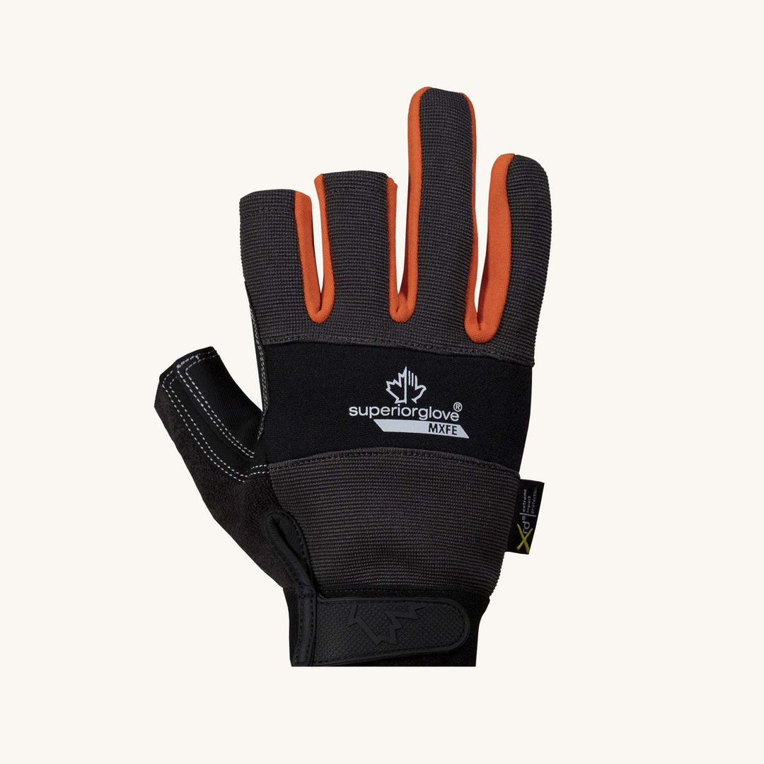 Superior Glove MXFE/XL clutchgear framers glove with split palm and half thumb, index, and middle fingers, shown from the top view.