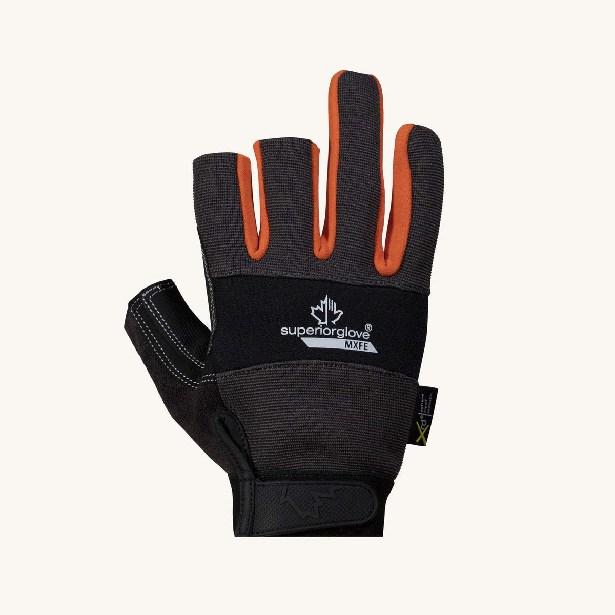 Superior Glove MXFE/XL clutchgear framers glove with split palm and half thumb, index, and middle fingers, shown from the top view.