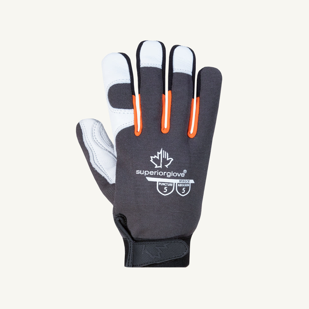 Superior Glove MXGCE/M clutch gear grain goatskin mechanics glove with split palm and thumb patch, viewed from the top.