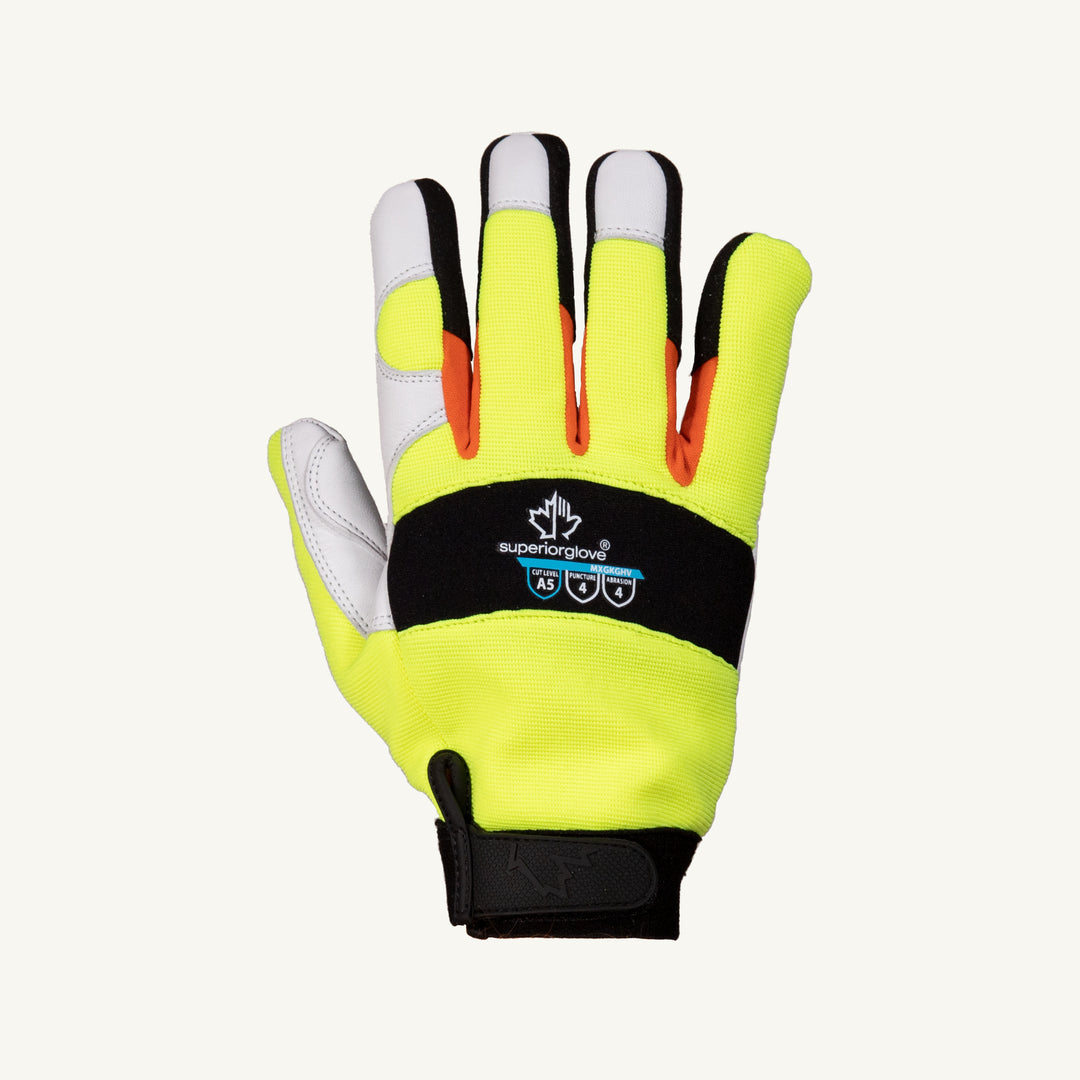 Superior Glove Clutchgear grain goat mechanics gloves with Kevlar lining, high-visibility back, ANSI A5 cut protection, shown from top view.