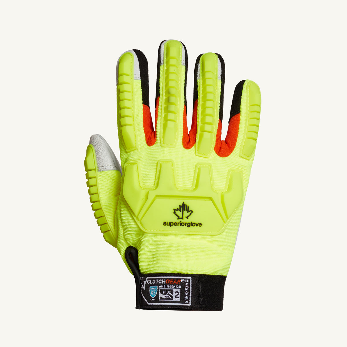 Superior Glove MXGKGHVB/M clutch gear hi-viz grain goatskin mechanics gloves with Kevlar lining and TPR back protection